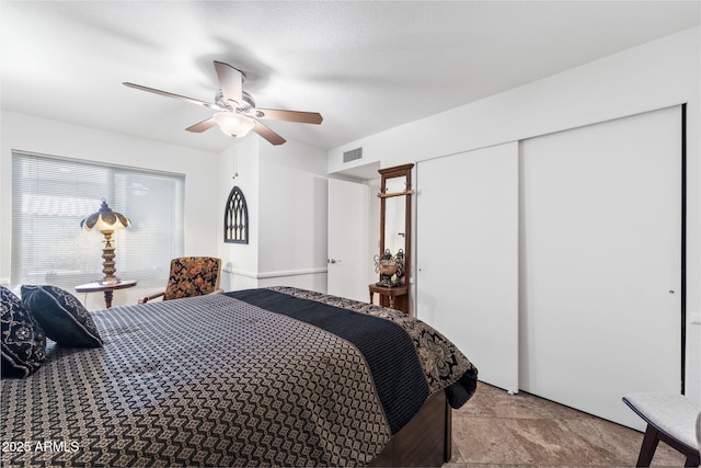 bedroom with a closet, visible vents, and ceiling fan