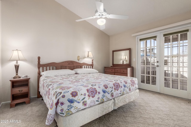 carpeted bedroom with vaulted ceiling, ceiling fan, and french doors