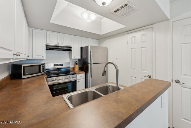 kitchen with stainless steel appliances, visible vents, white cabinets, a sink, and under cabinet range hood