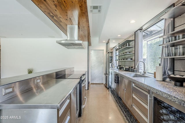 5239 E Waltann Ln, Scottsdale, AZ 85254 - kitchen featuring stainless steel counters, open shelves, a sink, appliances with stainless steel finishes, and island range hood