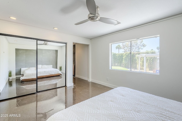 5239 E Waltann Ln, Scottsdale, AZ 85254 - bedroom featuring baseboards, crown molding, a closet, speckled floor, and ceiling fan