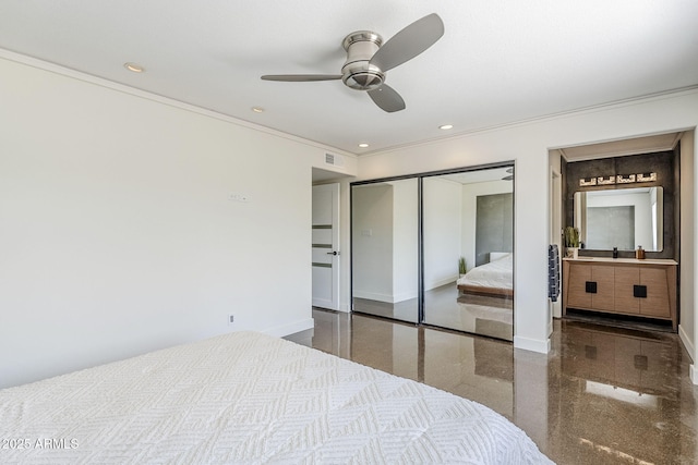 5239 E Waltann Ln, Scottsdale, AZ 85254 - bedroom with baseboards, a closet, a ceiling fan, recessed lighting, and crown molding