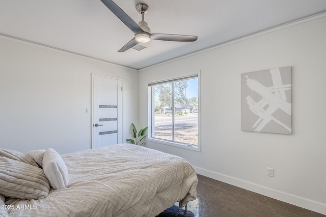 5239 E Waltann Ln, Scottsdale, AZ 85254 - bedroom featuring baseboards, dark colored carpet, ceiling fan, and crown molding