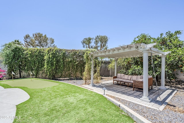 5239 E Waltann Ln, Scottsdale, AZ 85254 - fenced backyard with a putting green, a pergola, an outdoor hangout area, and a patio area