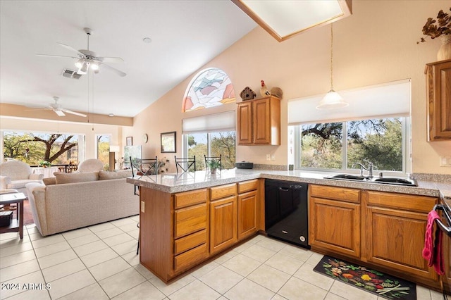 kitchen featuring kitchen peninsula, dishwasher, sink, and light tile patterned flooring