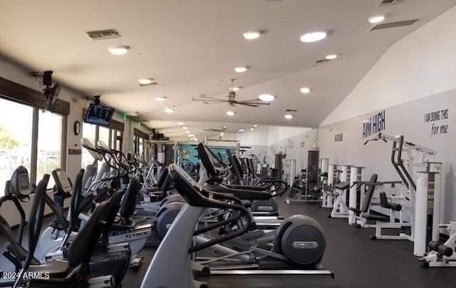 gym featuring ceiling fan and lofted ceiling