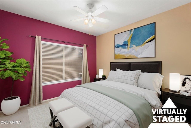 carpeted bedroom featuring ceiling fan