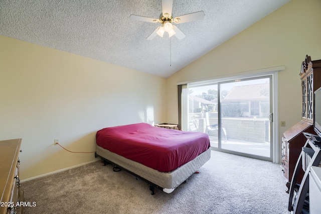 bedroom featuring lofted ceiling, a textured ceiling, carpet flooring, ceiling fan, and access to exterior