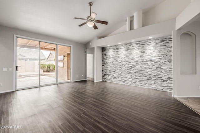 unfurnished room featuring baseboards, high vaulted ceiling, ceiling fan, and dark wood-style flooring