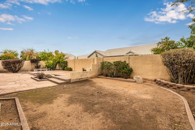 view of yard with a fenced backyard and a patio