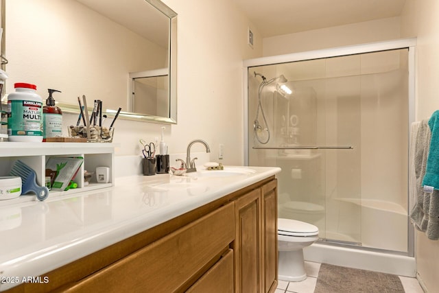 1951 E Del Sur Dr, Tempe, AZ 85283 - bathroom with tile patterned flooring, a stall shower, and vanity