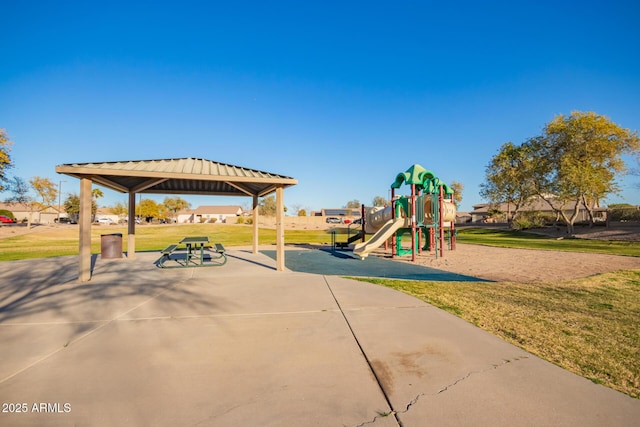 view of jungle gym featuring a gazebo and a yard