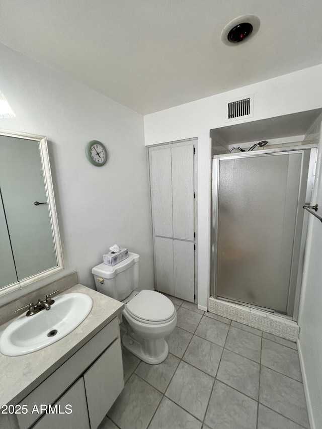 bathroom featuring toilet, vanity, visible vents, tile patterned floors, and a stall shower