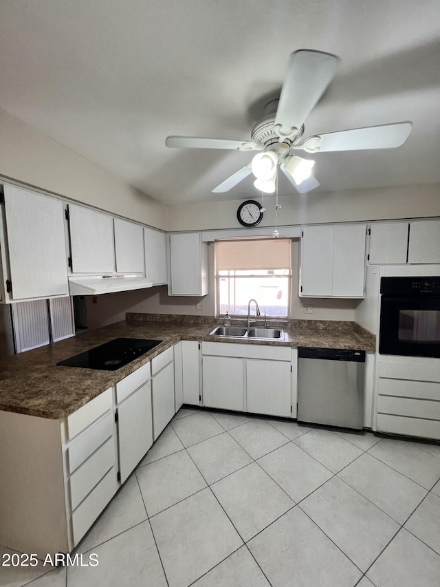 kitchen featuring a sink, a ceiling fan, white cabinets, black appliances, and dark countertops