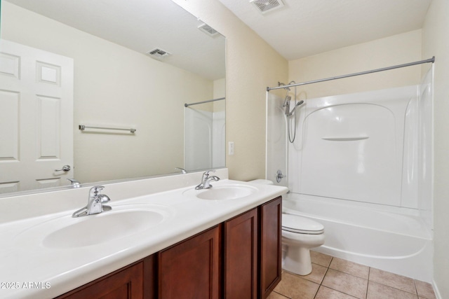 full bathroom featuring tile patterned flooring, vanity, bathtub / shower combination, and toilet