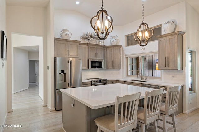 13361 N 99th Pl, Scottsdale, AZ 85260 - kitchen with appliances with stainless steel finishes, a sink, decorative backsplash, a kitchen island, and high vaulted ceiling