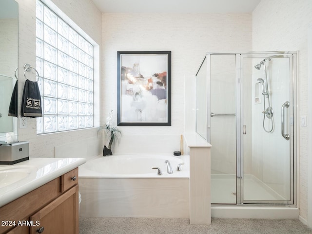 bathroom with plus walk in shower and vanity