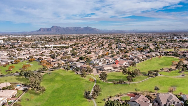 drone / aerial view featuring a mountain view