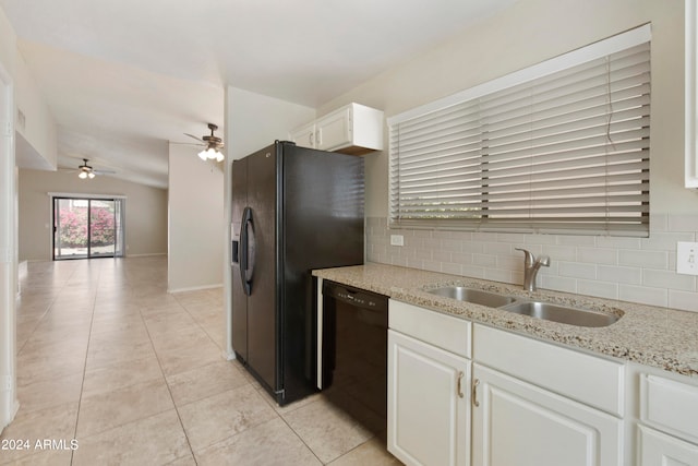 kitchen featuring tasteful backsplash, black appliances, sink, ceiling fan, and white cabinets