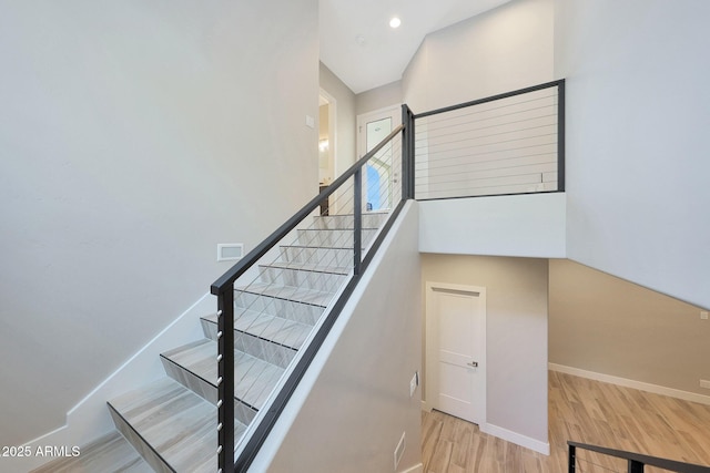 4040 E Mclellan Rd Unit 16, Mesa, AZ 85205 - stairs with wood finished floors, recessed lighting, and a high ceiling