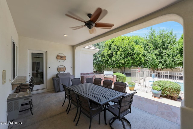4040 E Mclellan Rd Unit 16, Mesa, AZ 85205 - view of patio / terrace featuring ceiling fan, outdoor dining area, and an outdoor kitchen