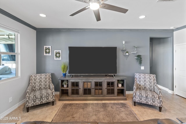 tiled living room with ceiling fan, visible vents, crown molding, baseboards, and recessed lighting