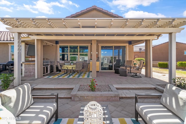 view of patio with area for grilling, a pergola, outdoor dining area, and an outdoor hangout area