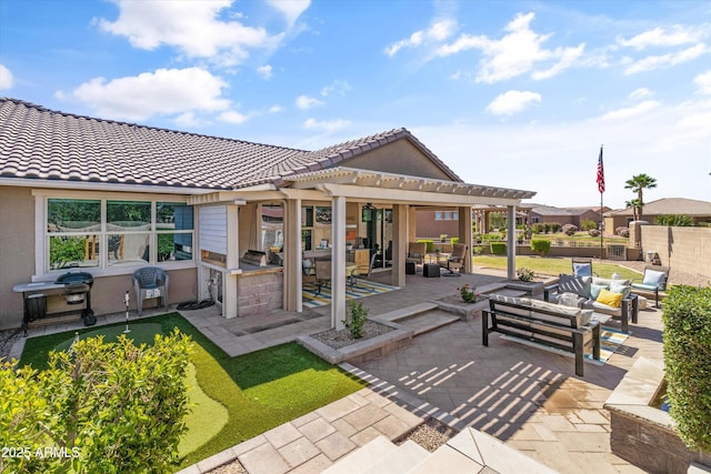 back of property with fence, a pergola, a tile roof, outdoor lounge area, and a patio