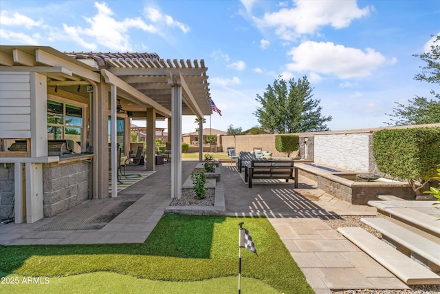 view of patio featuring fence, a pergola, and an outdoor living space