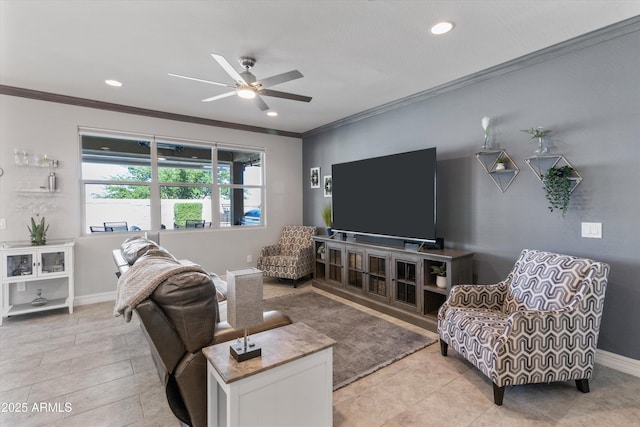 living area featuring light tile patterned flooring, a ceiling fan, baseboards, recessed lighting, and ornamental molding