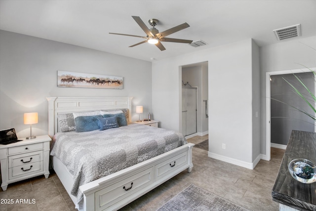bedroom featuring visible vents, a ceiling fan, and ensuite bath