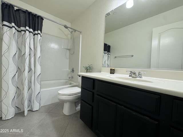 full bathroom featuring shower / tub combo with curtain, toilet, vanity, and tile patterned flooring
