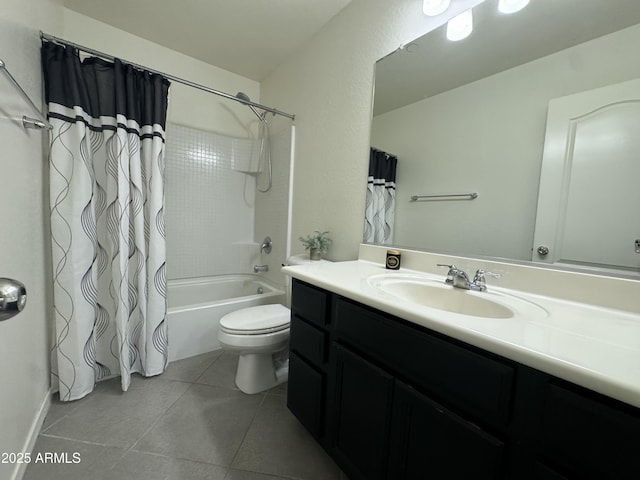 full bathroom featuring shower / bathtub combination with curtain, toilet, vanity, and tile patterned flooring