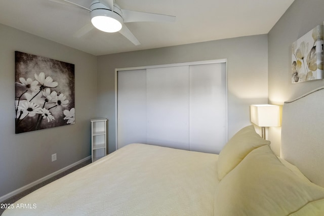 carpeted bedroom with a closet and ceiling fan