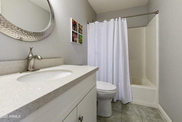 full bathroom featuring tile patterned flooring, vanity, shower / tub combo, and toilet