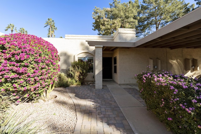 view of exterior entry featuring a patio area