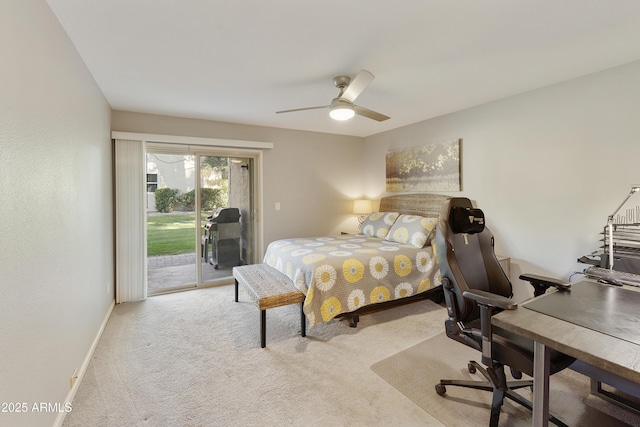 carpeted bedroom featuring access to exterior and ceiling fan