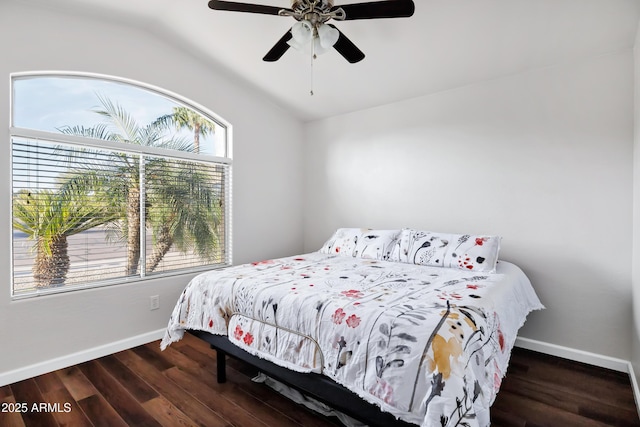 4493 E Desert Sands Dr, Chandler, AZ 85249 - bedroom with lofted ceiling, wood finished floors, baseboards, and a ceiling fan