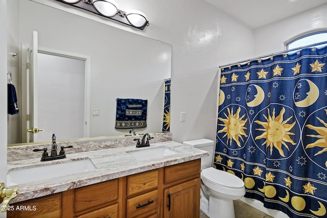 4493 E Desert Sands Dr, Chandler, AZ 85249 - full bathroom featuring toilet, double vanity, tile patterned flooring, and curtained shower