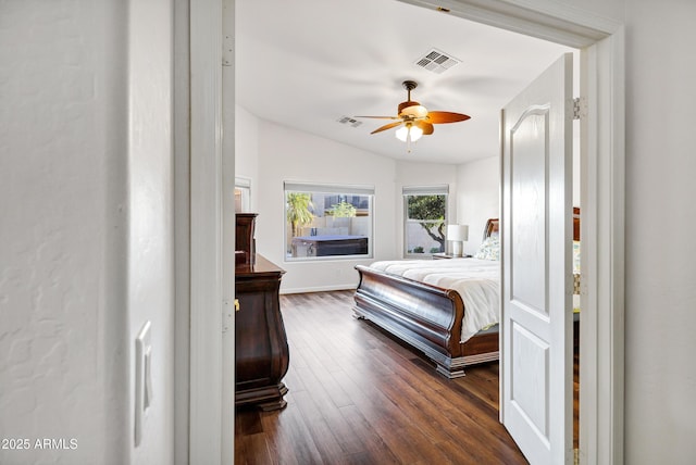 4493 E Desert Sands Dr, Chandler, AZ 85249 - bedroom with dark wood-style floors, lofted ceiling, and ceiling fan