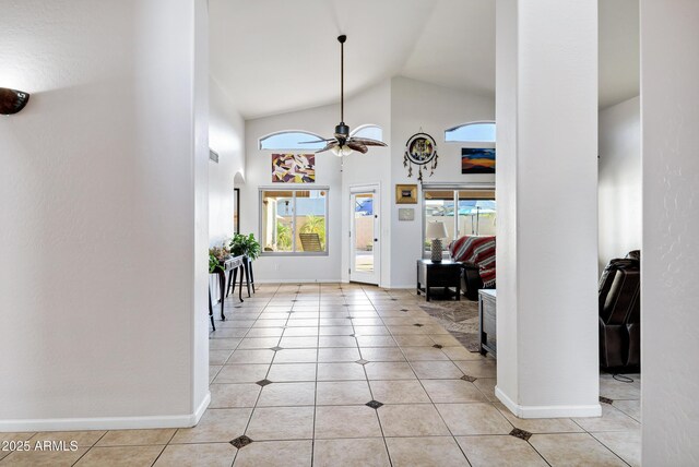 4493 E Desert Sands Dr, Chandler, AZ 85249 - entrance foyer featuring healthy amount of natural light, a ceiling fan, light tile patterned floors, high vaulted ceiling, and baseboards