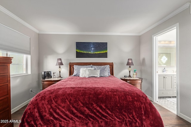 bedroom featuring baseboards, ornamental molding, and dark wood finished floors