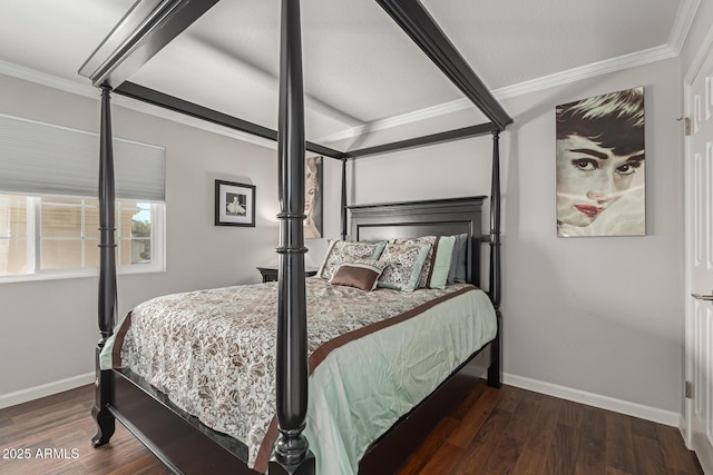 bedroom featuring crown molding, dark wood finished floors, and baseboards