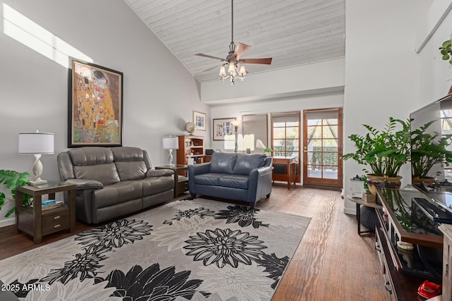 living room featuring high vaulted ceiling, a ceiling fan, wooden ceiling, and wood finished floors