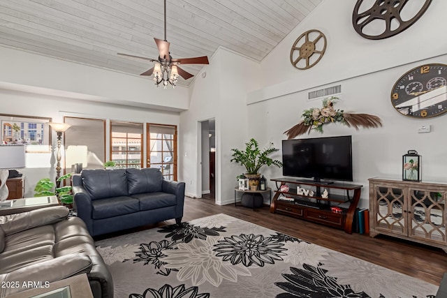 living room with high vaulted ceiling, dark wood-style flooring, visible vents, and a ceiling fan