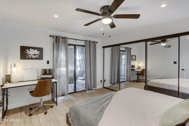 bedroom with ceiling fan, light hardwood / wood-style flooring, and access to exterior