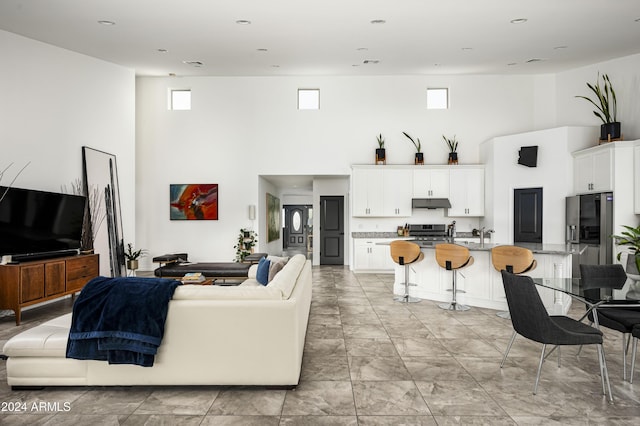 living room with a towering ceiling and a healthy amount of sunlight