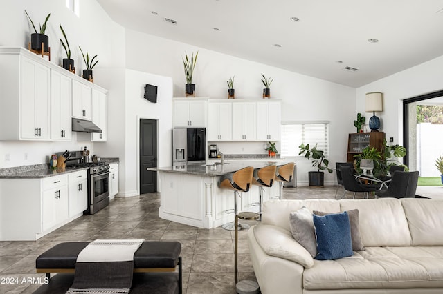 kitchen with white cabinets, plenty of natural light, an island with sink, and stainless steel appliances