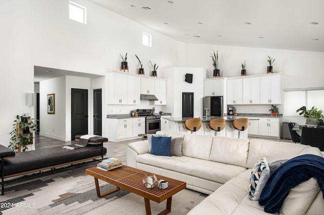 living room with a high ceiling