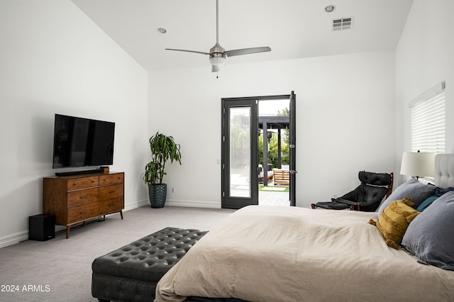 bedroom with light carpet, access to outside, high vaulted ceiling, and ceiling fan